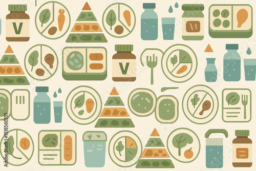 Seamless pattern of nutrition icons with food pyramids, meals, and hydration