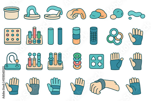 Vector set of occupational therapy and hand rehabilitation tools