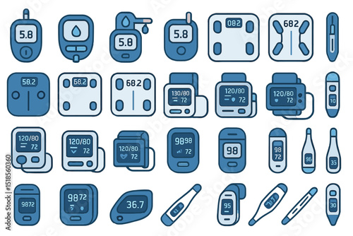Icon set of digital health monitoring devices in blue tones