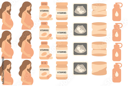 Seamless pattern of prenatal care icons including vitamins and ultrasounds
