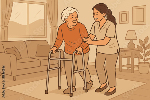 Caregiver supporting elderly woman using walker in cozy home