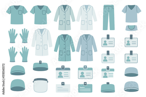 Seamless pattern of medical uniforms, ID badges, and protective gear