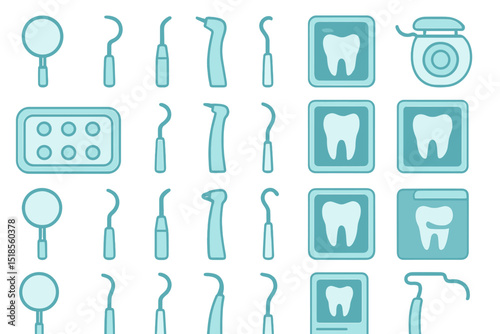 Seamless pattern of dental tools and tooth icons in blue tones