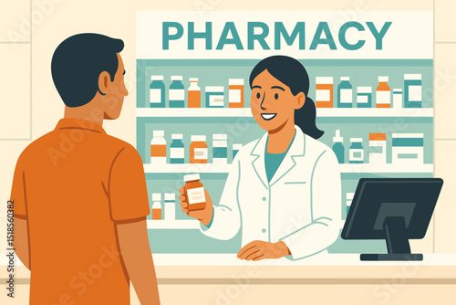 Pharmacist assisting customer at a modern pharmacy counter