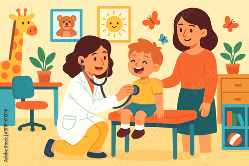 Smiling doctor examines cheerful child in bright pediatric office
