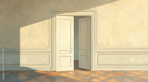 Conceptual image of white opened door. Perspective illustration , no logos, no brands