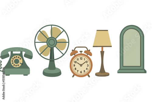 Vintage home decor items arranged on a neutral background showcasing classic design elements and nostalgic appeal in an artistic manner