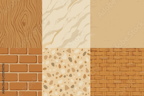 Diverse collection of textures featuring wood, brick, marble, and woven patterns suitable for interior design projects
