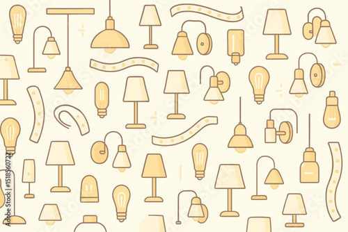 Unique collection of decorative lighting designs showcasing various lamp styles and shapes with warm tones