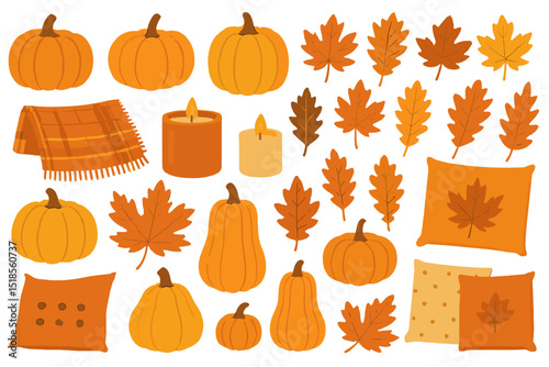 Decorative autumn elements featuring pumpkins, leaves, candles, and cozy blankets for seasonal celebrations