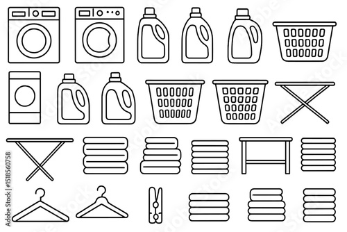 Laundry supplies and equipment arranged neatly on a white background for home cleaning tasks