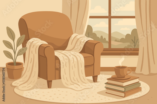 Cozy reading corner with an armchair, blankets, and a warm cup of coffee in a sunny room