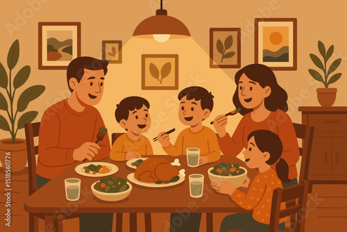 Family dinner gathering with children enjoying a meal at home during the evening