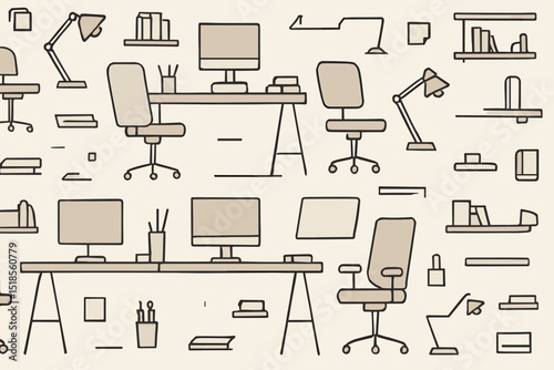 Office workspace design with multiple desks, lamps, and computers in a minimalist style