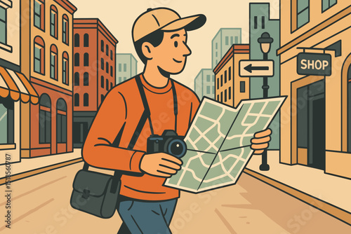 Tourist exploring a bustling city street with a map and camera in hand while seeking interesting shops and attractions