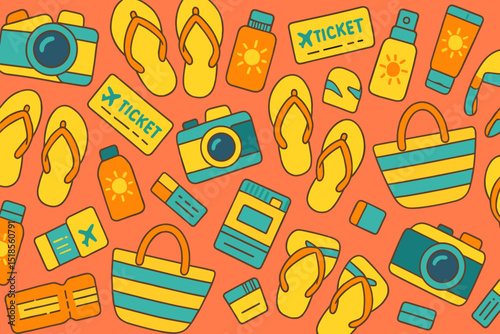 Colorful beach essentials pattern featuring flip flops, sunscreen, camera, and tickets on bright background