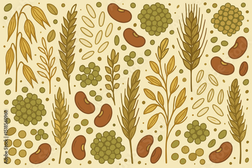 Colorful pattern of various seeds and grains captured in a botanical illustration style during a sunny afternoon