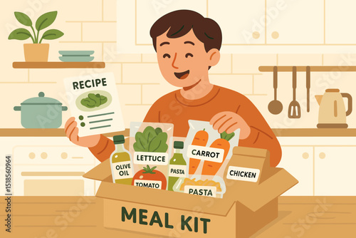 Cooking at home with a meal kit showing ingredients and a recipe