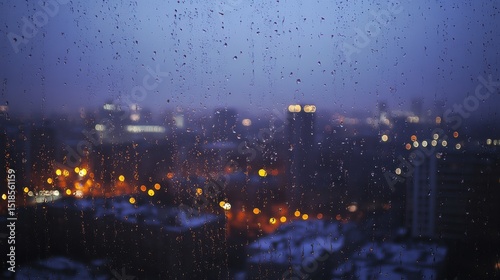 Rainy night city view from bedroom window