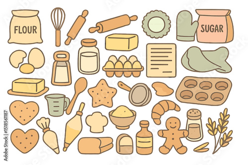 Baking ingredients and tools arranged on a flat surface showcasing flour, sugar, and various baking utensils for culinary preparation