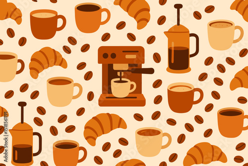 Colorful coffee and croissant pattern featuring brewing equipment on a warm background