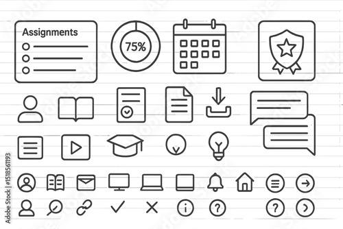 Educational icons representing assignments, progress, and communication tools for students in a digital learning environment