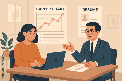 Career development meeting focused on resume building and career chart analysis in a modern office setting
