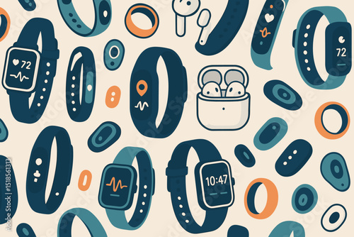 Various smartwatches and wireless earbuds arranged in a creative pattern on a light background showcasing modern technology