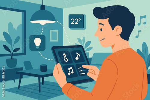 Smart home control in cozy living room with tablet during the day