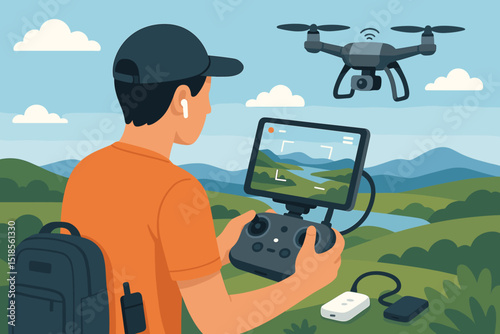 Drone pilot controls drone while exploring scenic landscape during daylight in a mountainous region