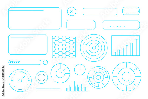 Various geometric shapes and graphical elements with blue outlines suitable for design projects and presentations