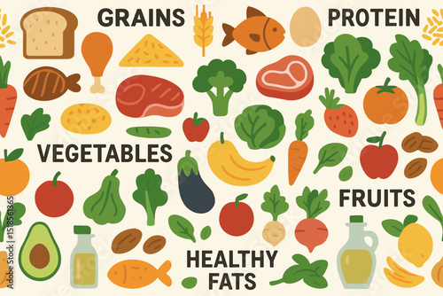 Colorful display of food categories highlighting healthy eating options and balanced nutrition choices
