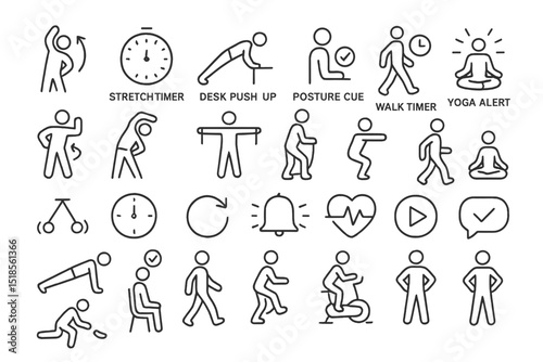 Variety of fitness and wellness icons representing different exercises and reminders for healthy habits and activities