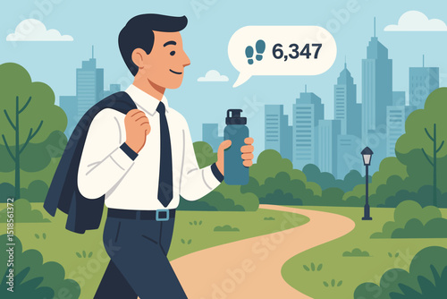 Businessman walking in a park while tracking steps and enjoying a sunny day in the city