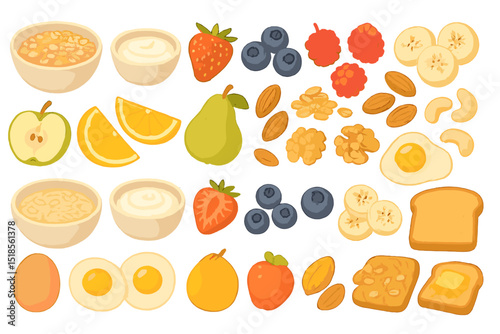 Breakfast spread featuring fruits, nuts, and grains for a healthy morning meal