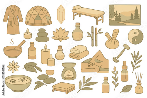 Wellness and relaxation elements for a serene spa environment in a minimalistic and earthy style