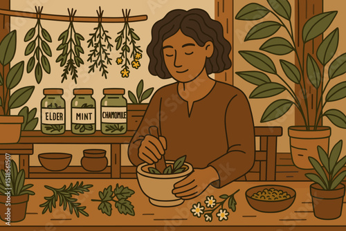 Herbalist preparing remedies with fresh herbs in a cozy workshop during the day