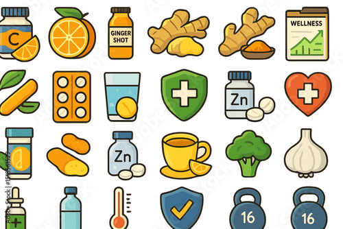Health-focused items displayed on a white background featuring fruits, supplements, and wellness products for a vibrant lifestyle