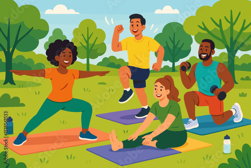 Group of friends enjoying an outdoor fitness class in a park on a sunny day