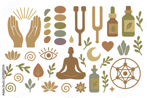 Wellness and healing elements with hands, meditation, crystals, and natural symbols in soft colors for holistic practices