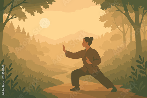 Serene practice of tai chi in a tranquil forest at sunrise near rolling hills