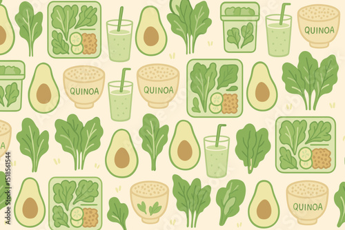 Colorful pattern featuring quinoa, avocado, and leafy greens in a fresh and vibrant layout suitable for healthy eating themes