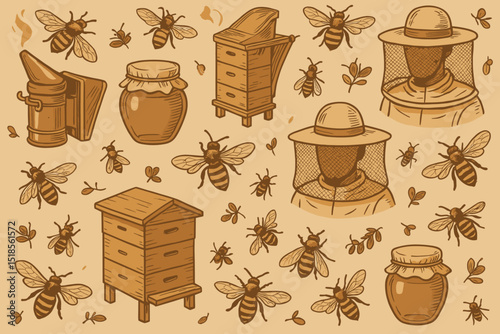 Illustrations of beekeeping equipment and bees in various activities related to honey production