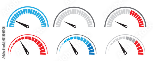 speedometer icon set . Speedometer speed vector icon set, gauge meter, dashboard elements for automotive, speed measurement. Vector set for car speed, fuel, RPM, tachometer. Black speed dials See Less