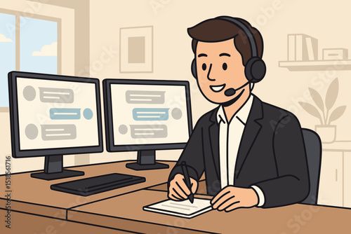 Professional person providing customer support while taking notes in a modern office space with multiple screens