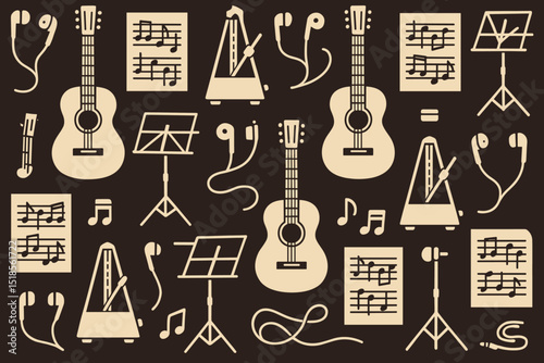 Musical instruments and notes arranged in a creative design for music lovers and musicians