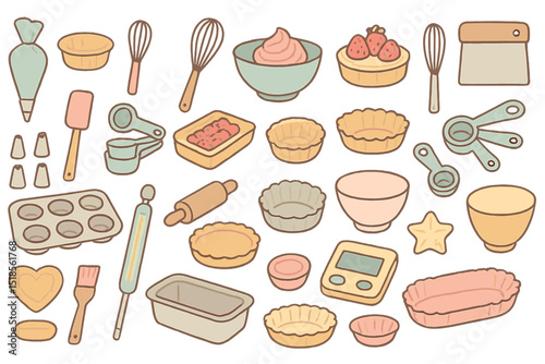 Collection of baking tools and utensils arranged on a soft pastel background in a cozy kitchen setting