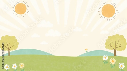 A watercolor daisy meadow flourishes under the gentle shade of soft clouds and rolling hills