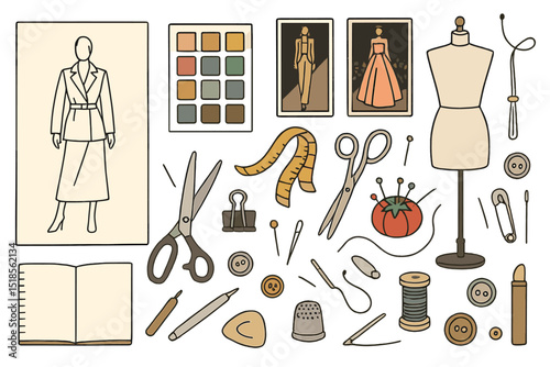 Fashion design tools and materials displayed on a work table with sketches, fabrics, and sewing supplies in a creative workspace