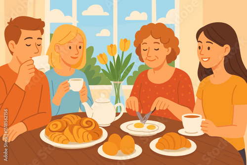 Group enjoys breakfast at a cozy table with pastries and tea in a warm, sunny kitchen setting
